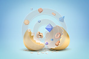 3d rendering of random geometric objects hatching out of golden egg on blue background