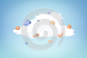 3d rendering of random geometric objects on white cloud on blue background