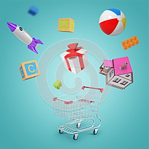 3d rendering of random objects - shopping cart, house, toy ball, rocket, present, toy bricks and lego parts on blue