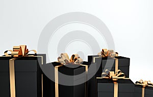 3d rendering of realistic black gift box with golden glossy ribbon bow on white background. Empty space for party, promotion