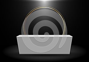 3D rendering realistic black product shelf standing backdrop with gold circle blank white pedestal podium display on dark