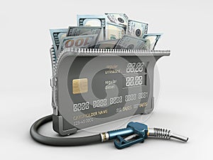 3d Rendering of Realistic credit card with fuel hose petrol station and money concept.