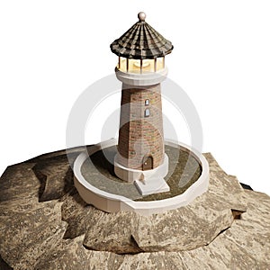 3D rendering of realistic lighthouse on rock with burning searchlight. Navigation difficult area. Realistic PNG illustration