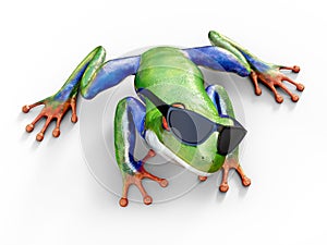 3D rendering of a realistic red-eyed tree frog wearing sunglasses.