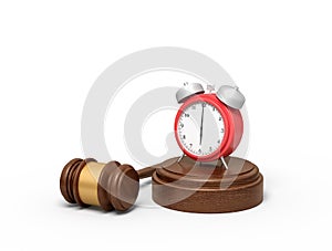 3d rendering of red alarm clock standing on sounding block with judge gavel lying beside.