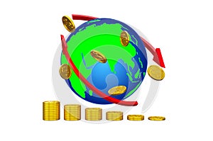 3d rendering red arrow and world with stack gold coins isolated white background illustration concept stock market finance