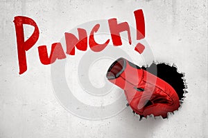 3d rendering of red boxing glove breaking white wall with red `Punch` sign on white background.