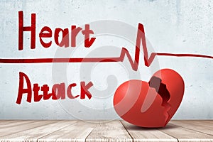 3d rendering of red broken heart with a heart rhythm cardiogram and HEART ATTACK sign on white wall background