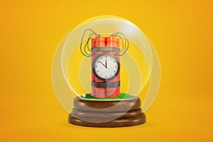 3d rendering of red bundle of dynamite with time bomb standing inside glass ball globe on amber background.