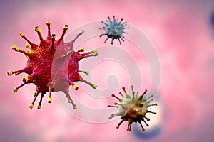 3D rendering red coronavirus cells covid-19 influenza flowing on dlight microbiology pink background as dangerous flu strain cases