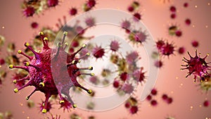 3D rendering red coronavirus cells covid-19 influenza flowing on dlight pink background as dangerous flu strain cases as a