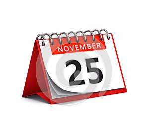 3D rendering of red desk paper november 25 date - calendar page