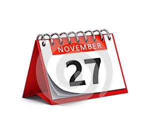 3D rendering of red desk paper november 27 date - calendar page