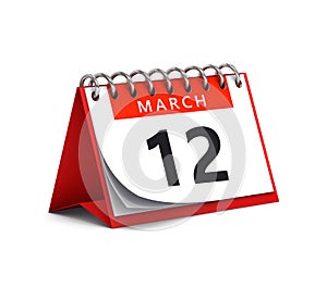 3D rendering of red desk paper spring month of March 12 date - calendar page isolated on white