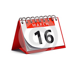 3D rendering of red desk paper spring month of March 16 date - calendar page isolated on white