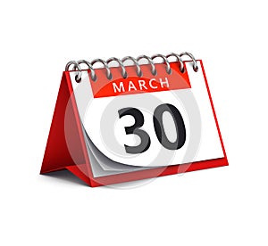 3D rendering of red desk paper spring month of March 30 date - calendar page isolated on white