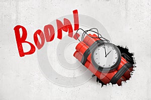 3d rendering of red dynamite stick time bomb breaking white wall with `Boom` sign on white background