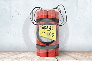 3d rendering of red dynamite stick time bomb with yellow `Today` sign on white wooden floor and white wall background