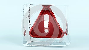 3D rendering of a red exclamation mark in ice cube, stop alert and warning, a crash occurred and notifications were interrupted
