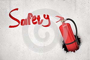 3d rendering of red fire extinguisher breaking white wall with red `Safety` sign on white background