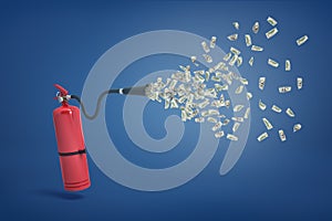 3d rendering of a red fire extinguisher with many dollar bills flying out of its hose.