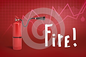 3d rendering of red foam fire extinguisher with `Fire` sign on red diagram background