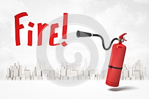 3d rendering of red foam portable fire extinguisher with red `Fire` sign on white city skyscrapers background