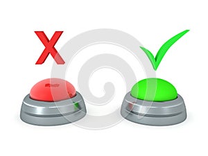 3D Rendering of red and green buttons with check mark and x mark above