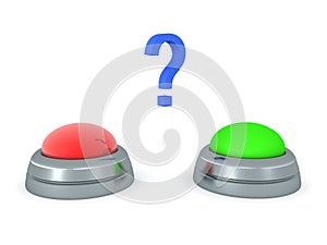 3D Rendering of red and green buttons with question mark in the middle