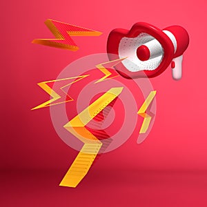 3D Rendering of Red Mouth Shape Cartoon Megaphone with Thunderbolts Icon