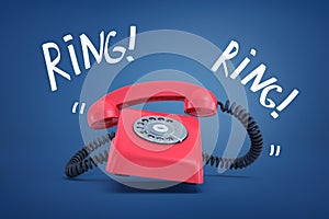 3d rendering of a red old-fashioned landline telephone ringing loudly with the words `Ring` on both sides.