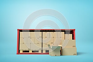 3d rendering of red open side shipping container full of cardboard packages, standing on light blue background, with 3