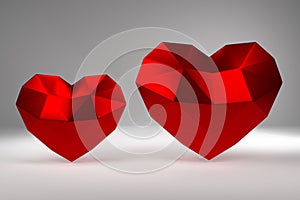 3D rendering. Red polygonal hearts valentines day