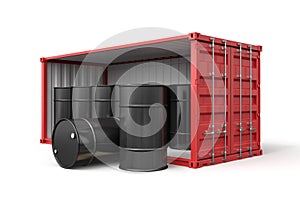 3d rendering of red shipping container filled with black fuel barrels isolated on white background