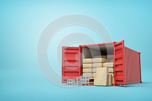 3d rendering of red shipping container filled with packs and bricks on blue background