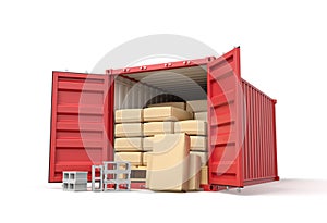 3d rendering of red shipping container filled with packs and bricks isolated on white background