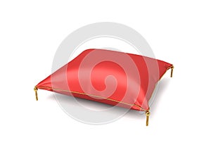 3d rendering of a red silk decorative pillow with golden tussels in side view on a white background.