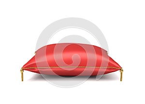 3d rendering of a red silk royal pillow with golden tussels isolated on a white background.