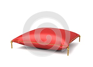 3d rendering of a red silk royal pillow with golden tussels isolated on a white background.