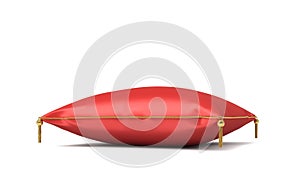 3d rendering of a red silk royal pillow with golden tussels isolated on a white background.