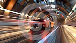 3D rendering of a red sports car in a tunnel with motion blur, Genertive AI illustrations