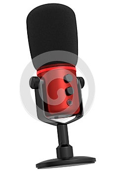 3D rendering of red studio condenser microphone isolated on white background