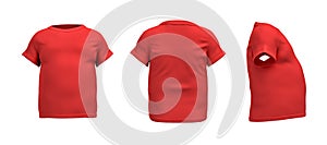 3d rendering of a red T-shirt in realistic fat shape in side, front and back view on white background.