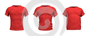 3d rendering of a red T-shirt in realistic slim, muscular and fat shape in front view on white background.