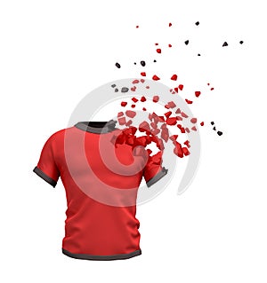 3d rendering of red T-shirt starting to disslove into pieces isolated on white background.