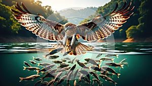 3d rendering of a red-tailed hawk with fish in the water. Generative AI