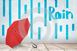 3d rendering of red umbrella with blue `Rain` sign and hand drawn rain pattern on white wall background