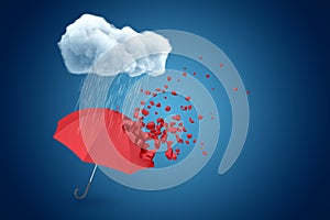 3d rendering of red umbrella that started to break into small pieces, floating in air under raining cloud on blue