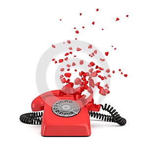 3d rendering of red vintage telephone shattering into small pieces on white background