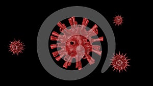 3D rendering of a red virus with tubes isolated on a black background. Illustration of the dangerous covid-19 coronavirus, drawing